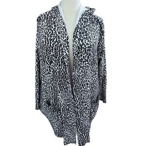 Chicos Zenergy Sweater Cardigan XL Black Leopard Packable Hood Cotton Blend Long